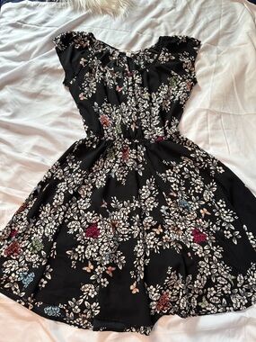 LC Lauren Conrad Black Strapless Floral Dress with White, Pink and Blue Accents